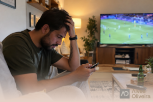 Homem cabisbaixo no sofá segurando um celular com a mão na cabeça, diante da TV ligada em um jogo de futebol, ilustrando a discussão sobre a proibição das apostas esportivas.